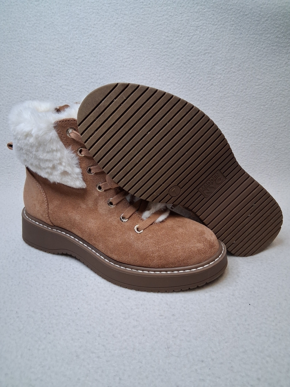 Madden Nyc Women's Tan Faux-Suede Lace-Up Fur-Trim Ankle Boots - Picture 5 of 9